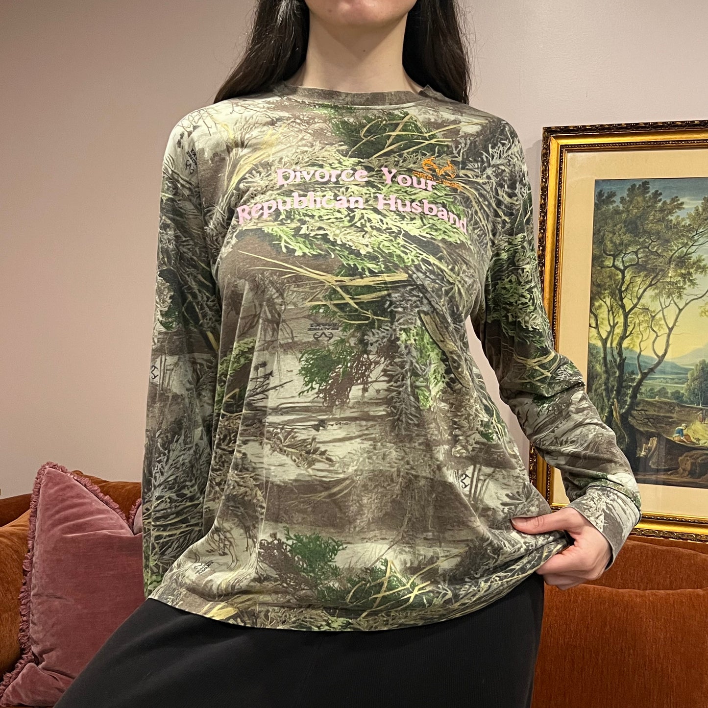 DIVORCE YOUR REPUBLICAN HUSBAND camo long sleeve t-shirt with pink text (XL)
