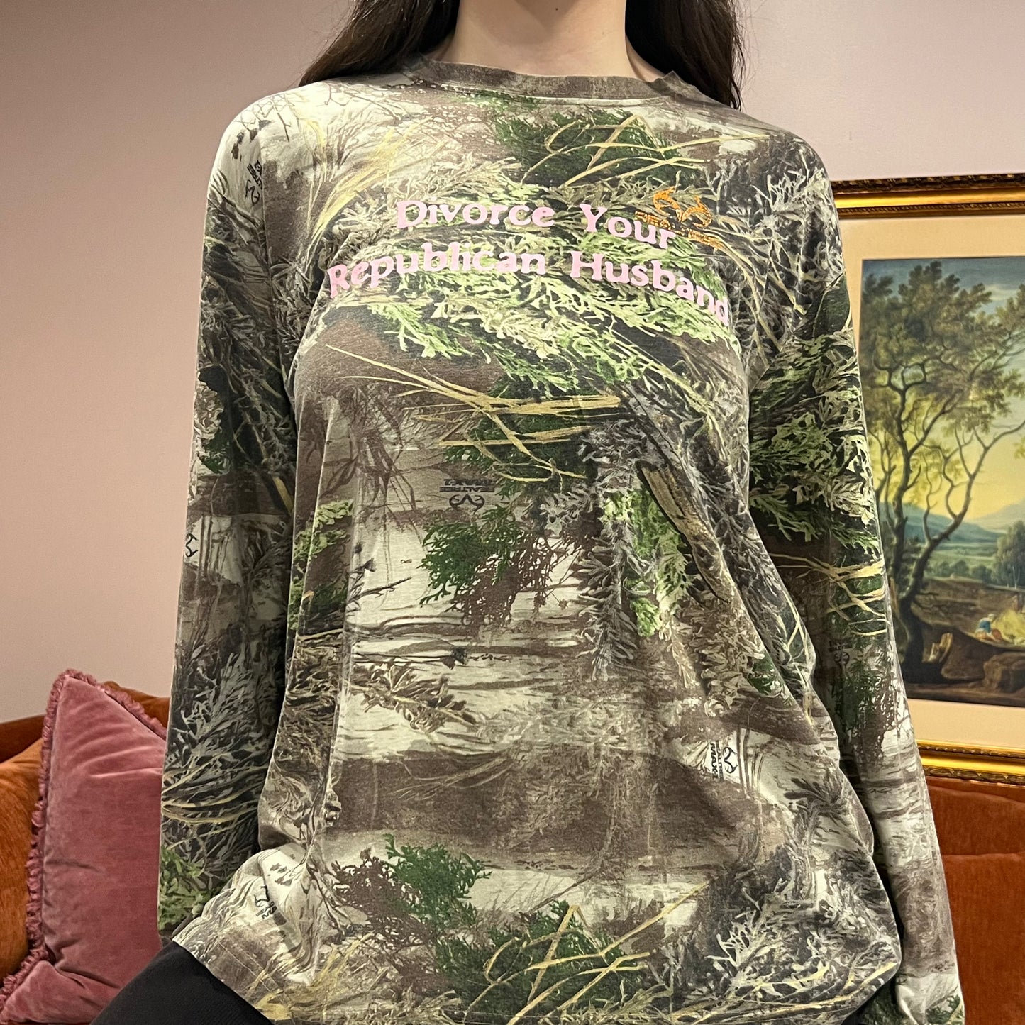 DIVORCE YOUR REPUBLICAN HUSBAND camo long sleeve t-shirt with pink text (XL)