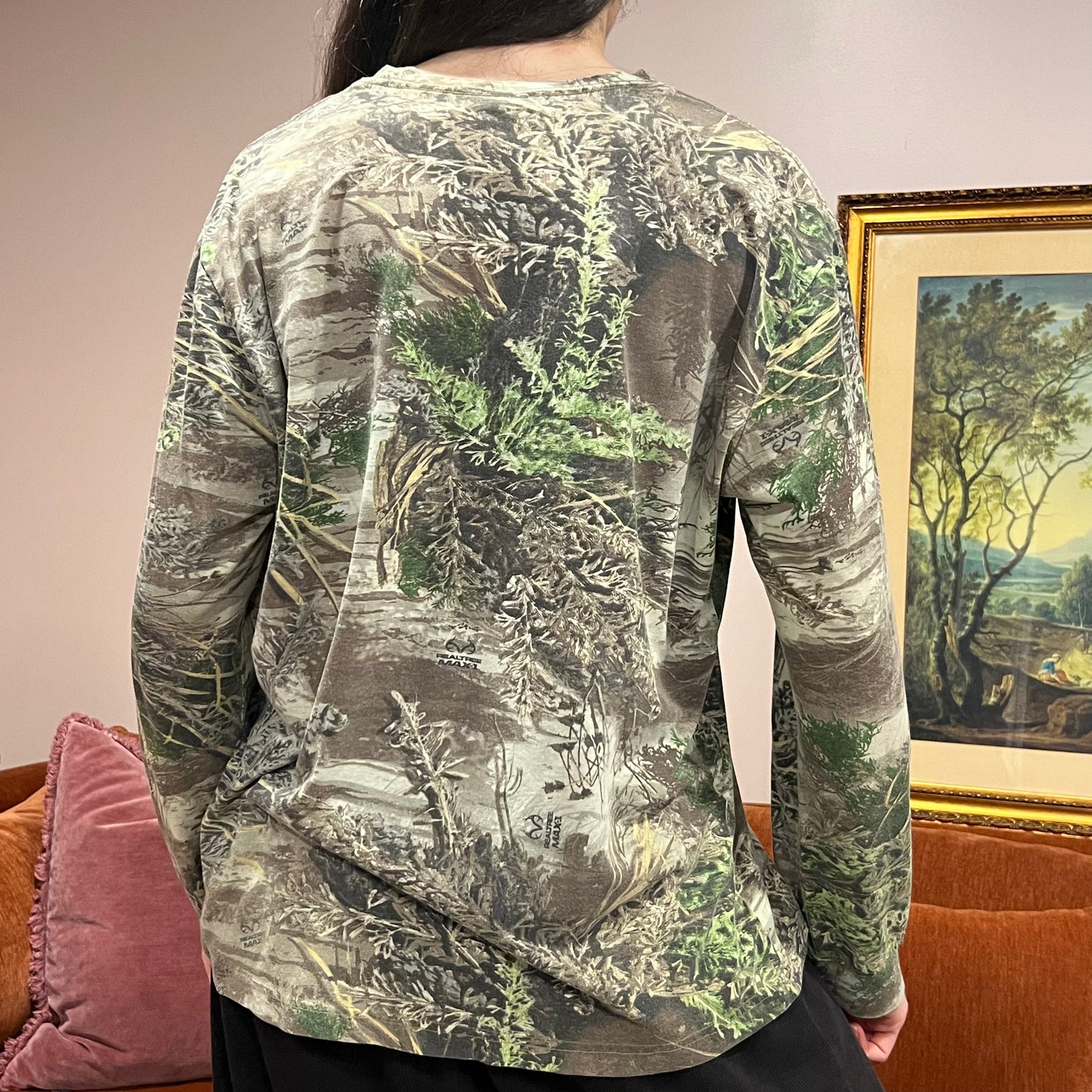 DIVORCE YOUR REPUBLICAN HUSBAND camo long sleeve t-shirt with pink text (XL)