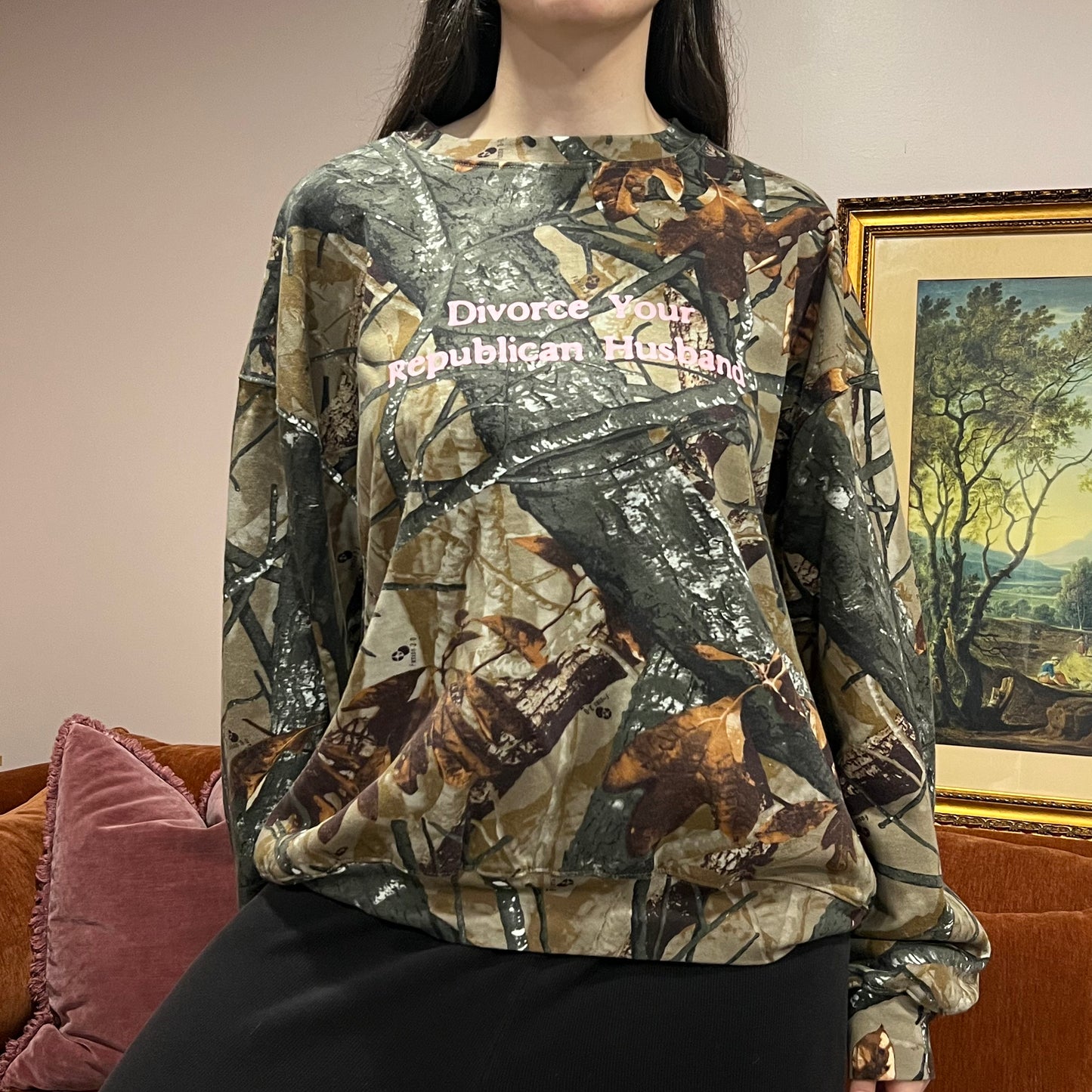DIVORCE YOUR REPUBLICAN HUSBAND camo crewneck with pink text (2XL)