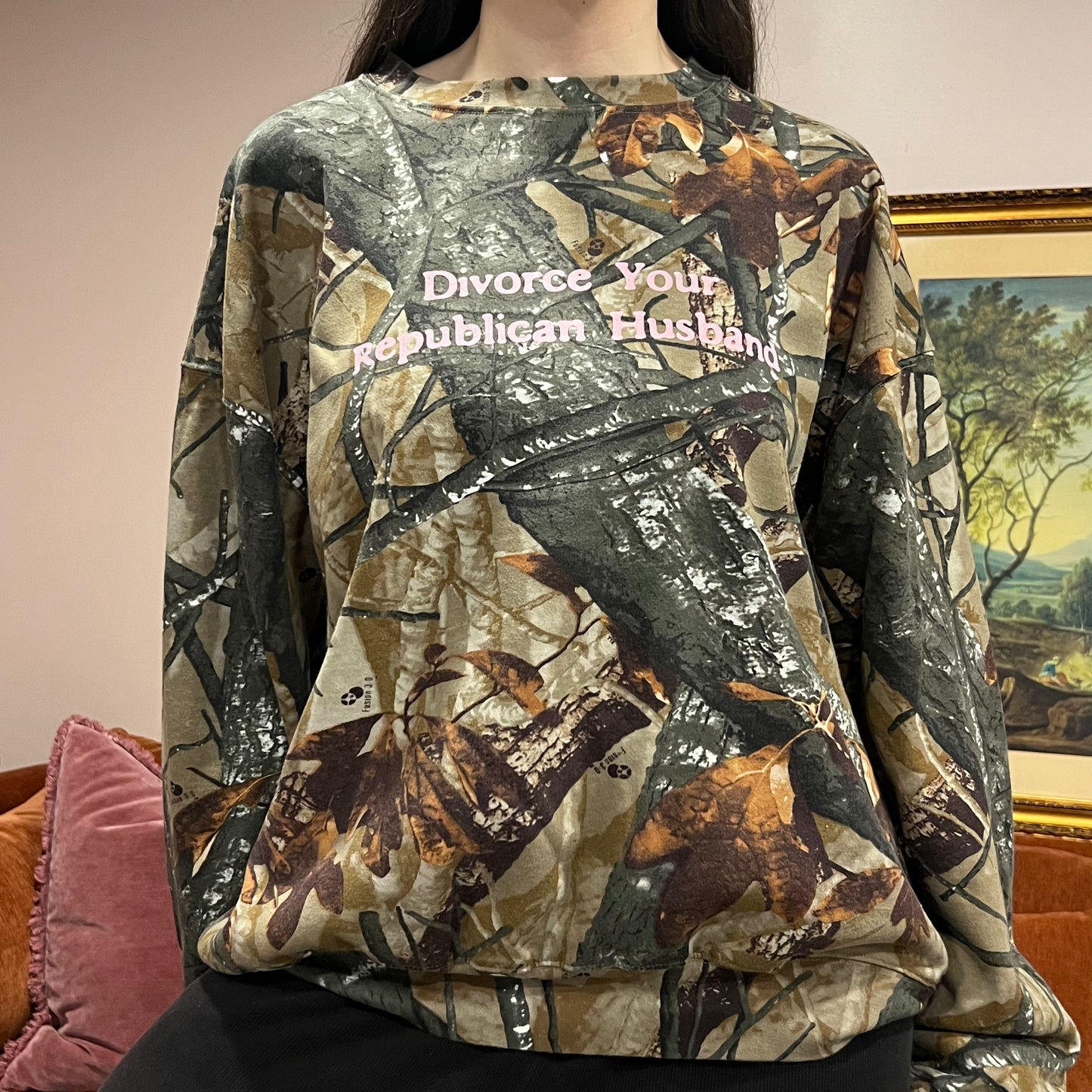 DIVORCE YOUR REPUBLICAN HUSBAND camo crewneck with pink text (2XL)