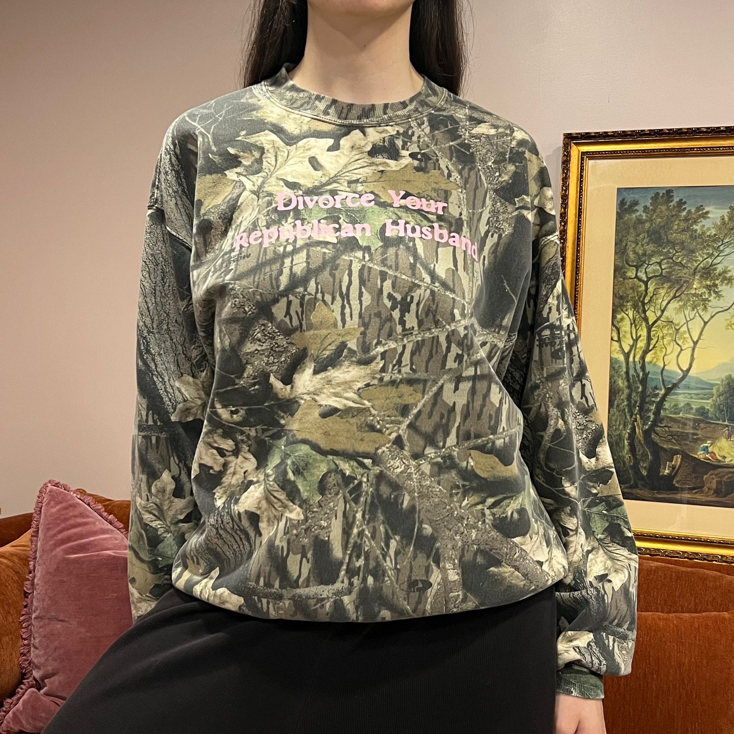 DIVORCE YOUR REPUBLICAN HUSBAND camo crewneck with pink text (L)