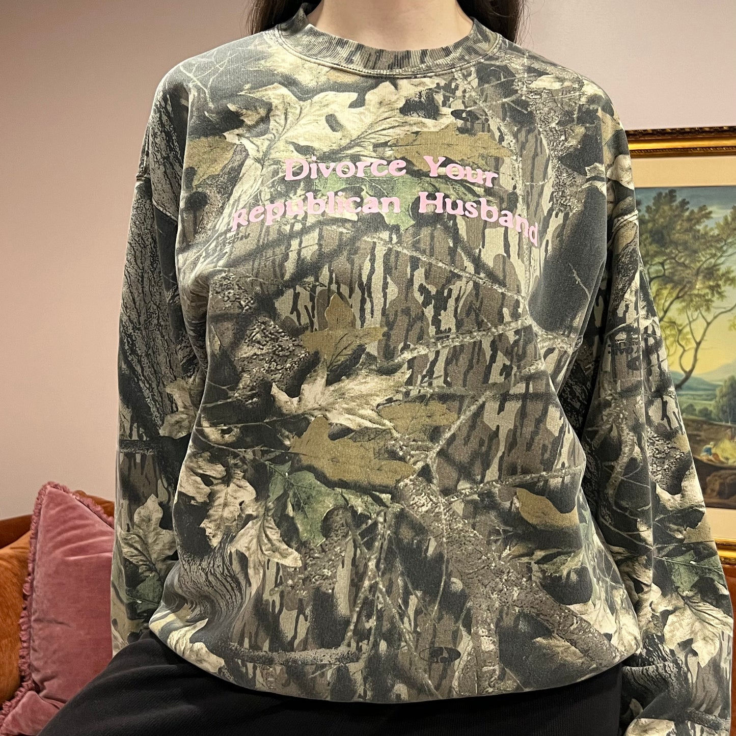 DIVORCE YOUR REPUBLICAN HUSBAND camo crewneck with pink text (L)