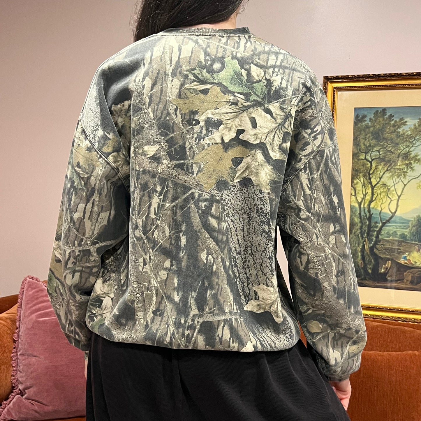 DIVORCE YOUR REPUBLICAN HUSBAND camo crewneck with pink text (L)
