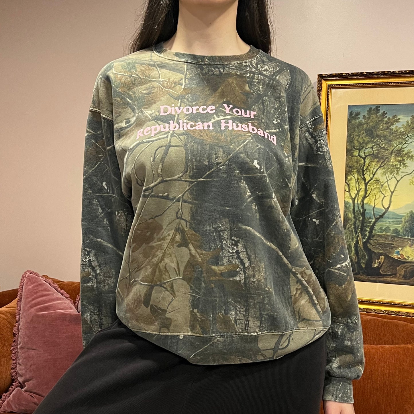DIVORCE YOUR REPUBLICAN HUSBAND camo crewneck with pink text (L)