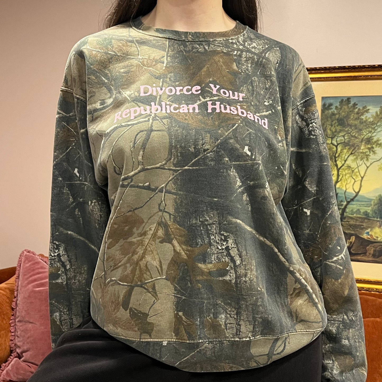 DIVORCE YOUR REPUBLICAN HUSBAND camo crewneck with pink text (L)