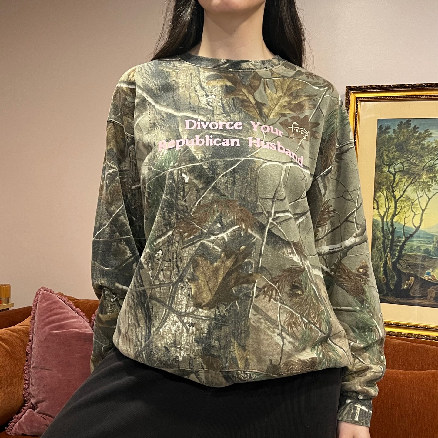 DIVORCE YOUR REPUBLICAN HUSBAND camo crewneck with pink text (XL)