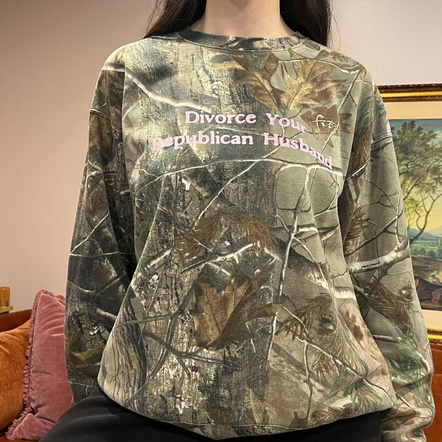 DIVORCE YOUR REPUBLICAN HUSBAND camo crewneck with pink text (XL)