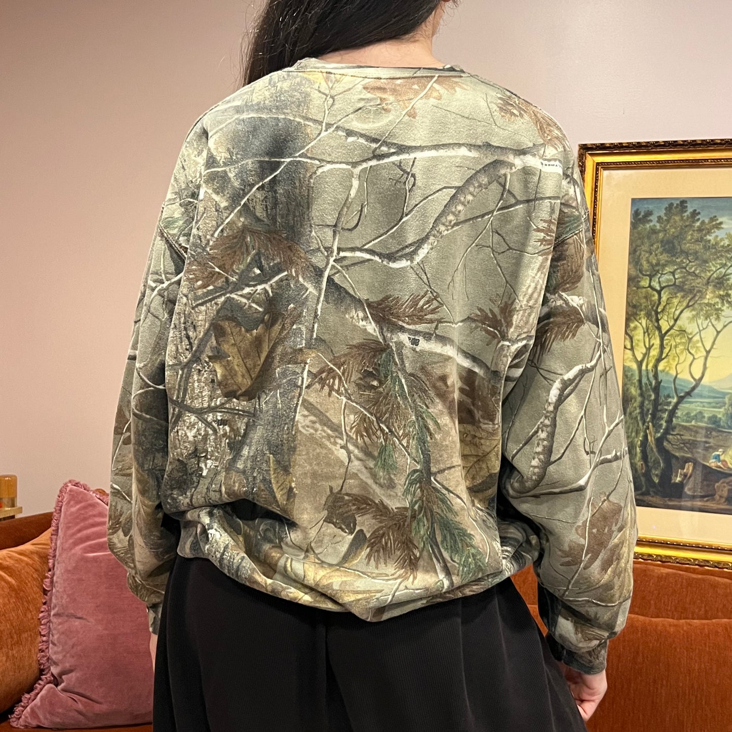 DIVORCE YOUR REPUBLICAN HUSBAND camo crewneck with pink text (XL)
