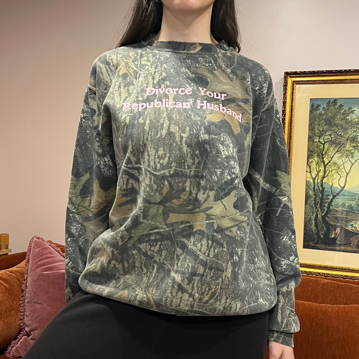 DIVORCE YOUR REPUBLICAN HUSBAND camo crewneck with pink text (XL)