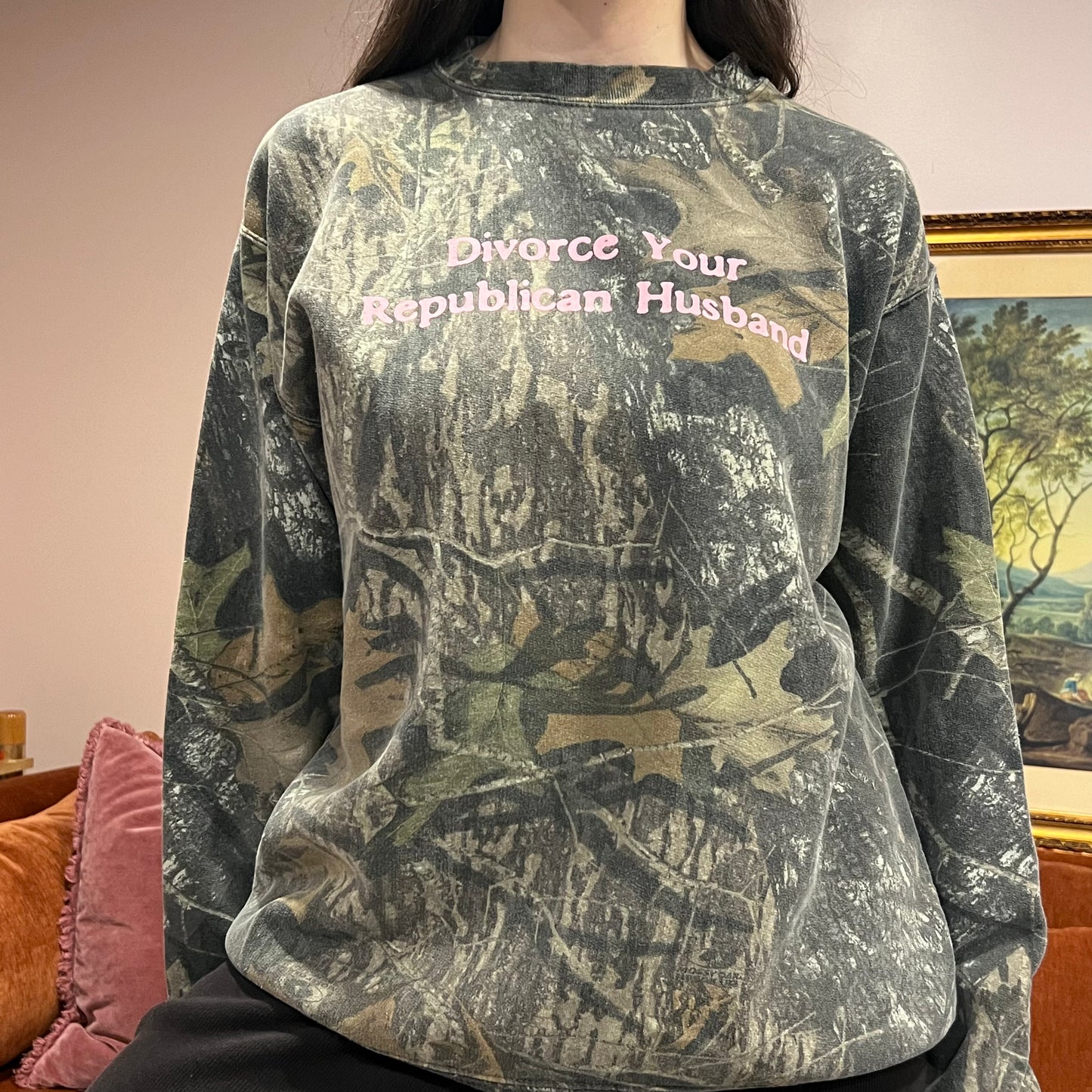 DIVORCE YOUR REPUBLICAN HUSBAND camo crewneck with pink text (XL)