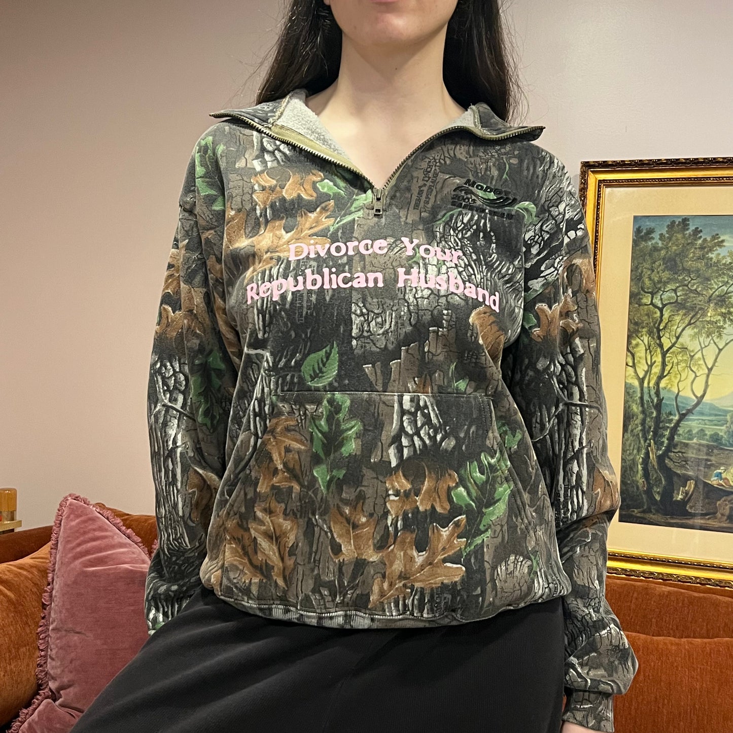 DIVORCE YOUR REPUBLICAN HUSBAND camo zip-up with pink text (M)