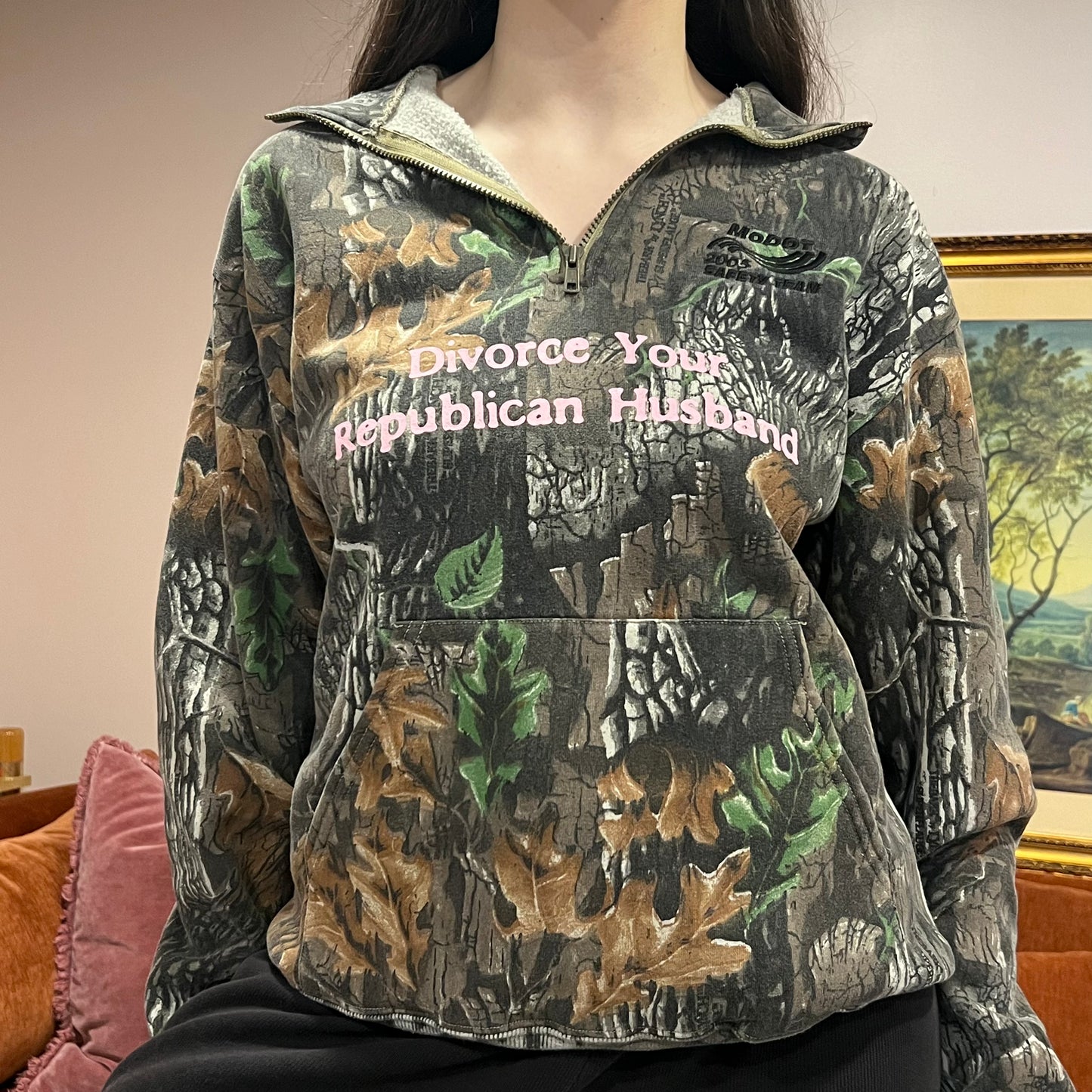 DIVORCE YOUR REPUBLICAN HUSBAND camo zip-up with pink text (M)