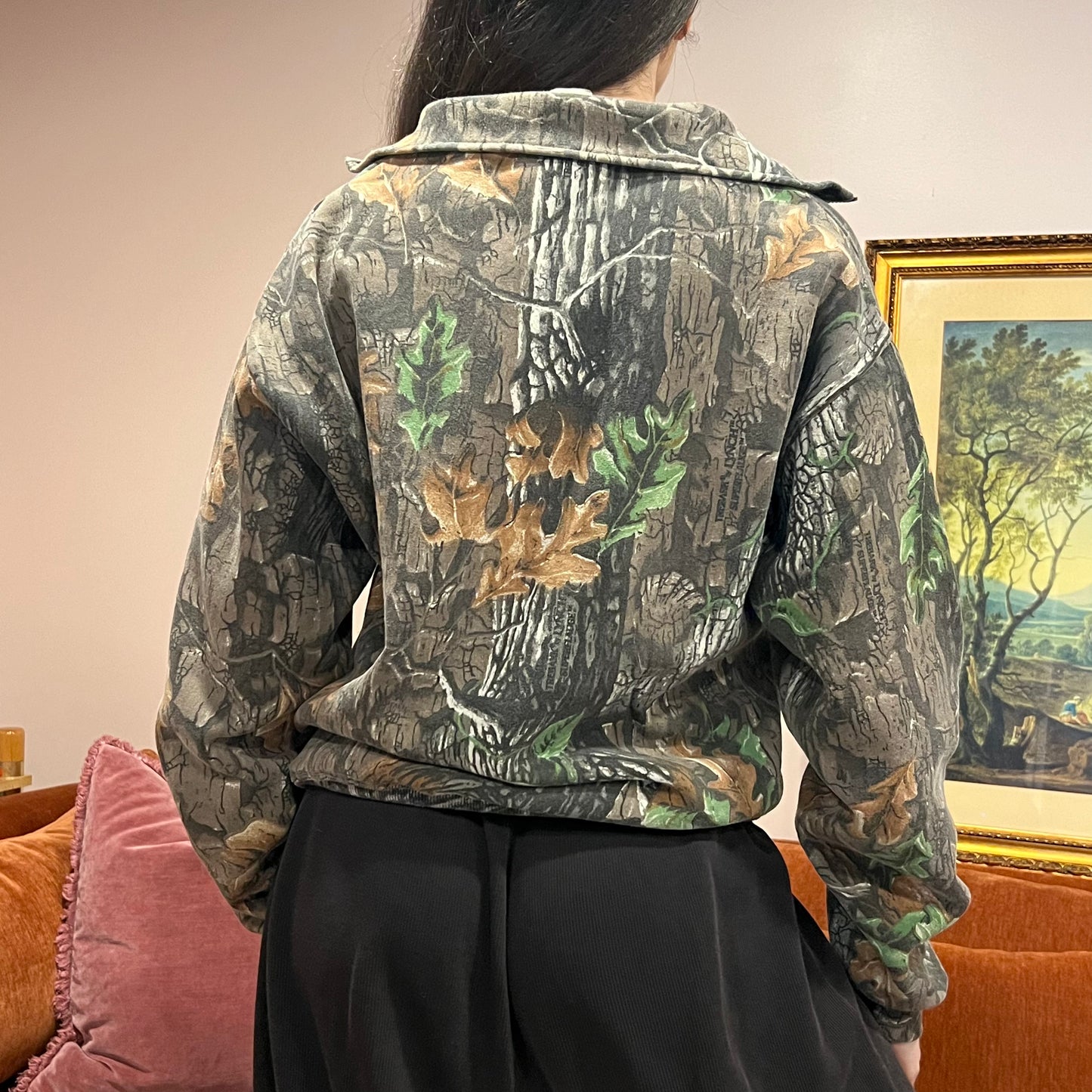 DIVORCE YOUR REPUBLICAN HUSBAND camo zip-up with pink text (M)