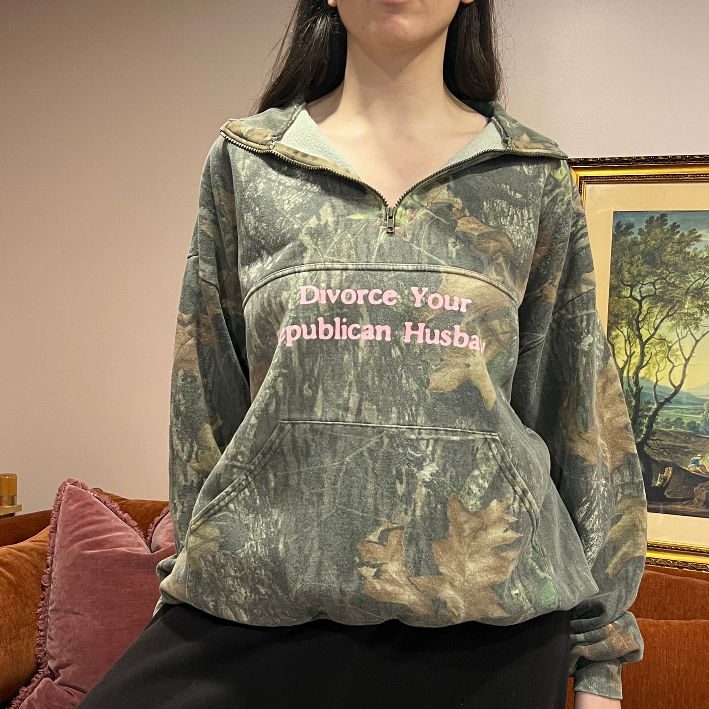 DIVORCE YOUR REPUBLICAN HUSBAND camo zip-up with pink text (2XL)