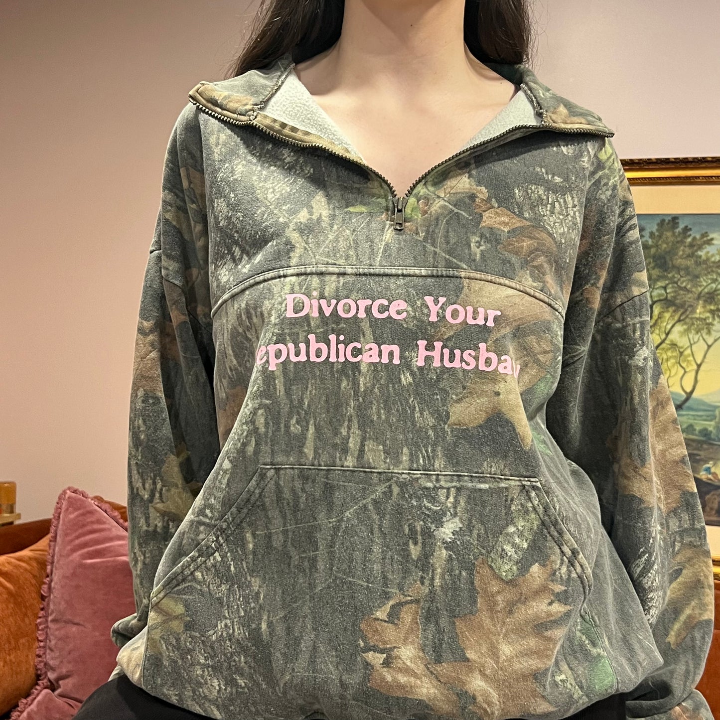 DIVORCE YOUR REPUBLICAN HUSBAND camo zip-up with pink text (2XL)