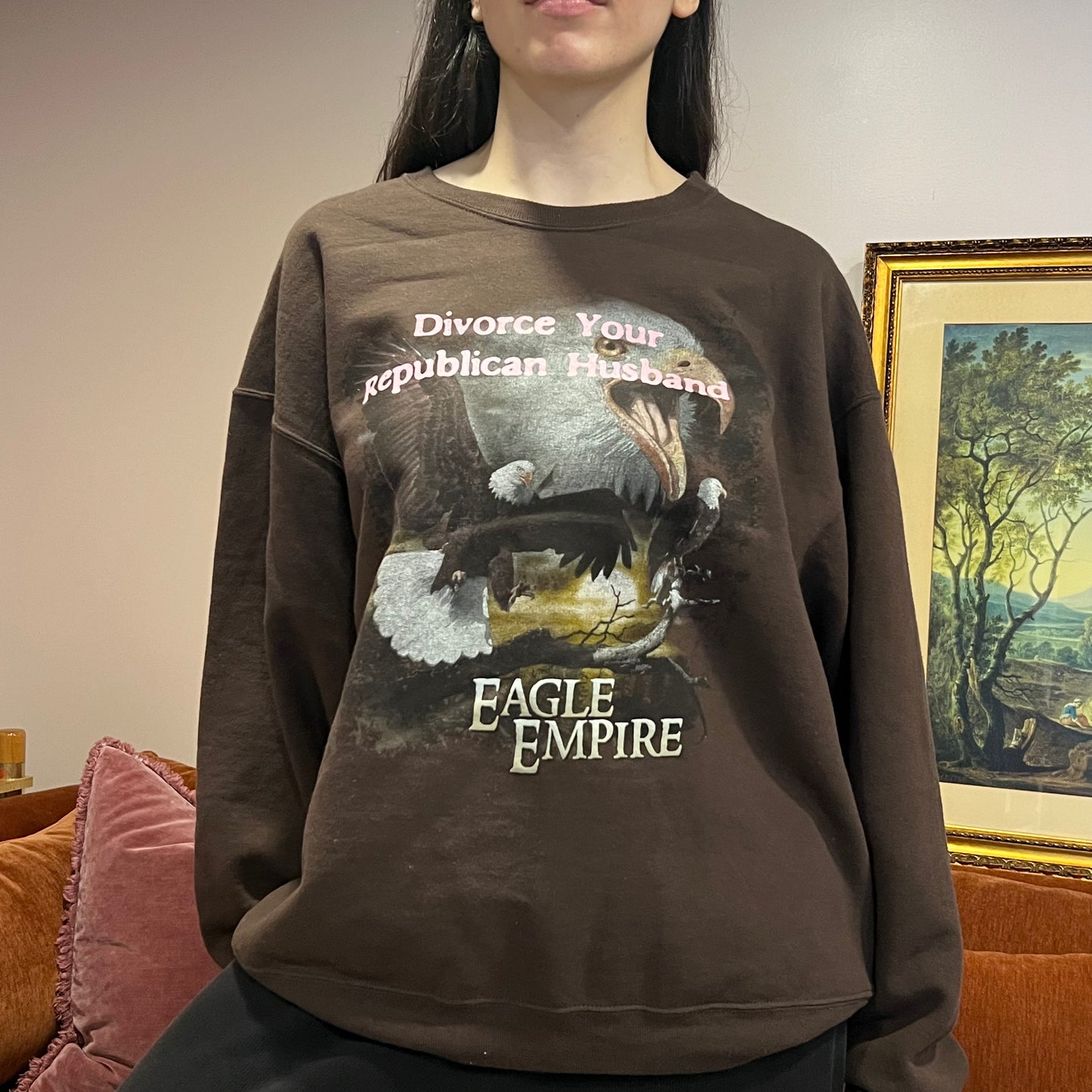 DIVORCE YOUR REPUBLICAN HUSBAND animal crewneck with pink text (XL)