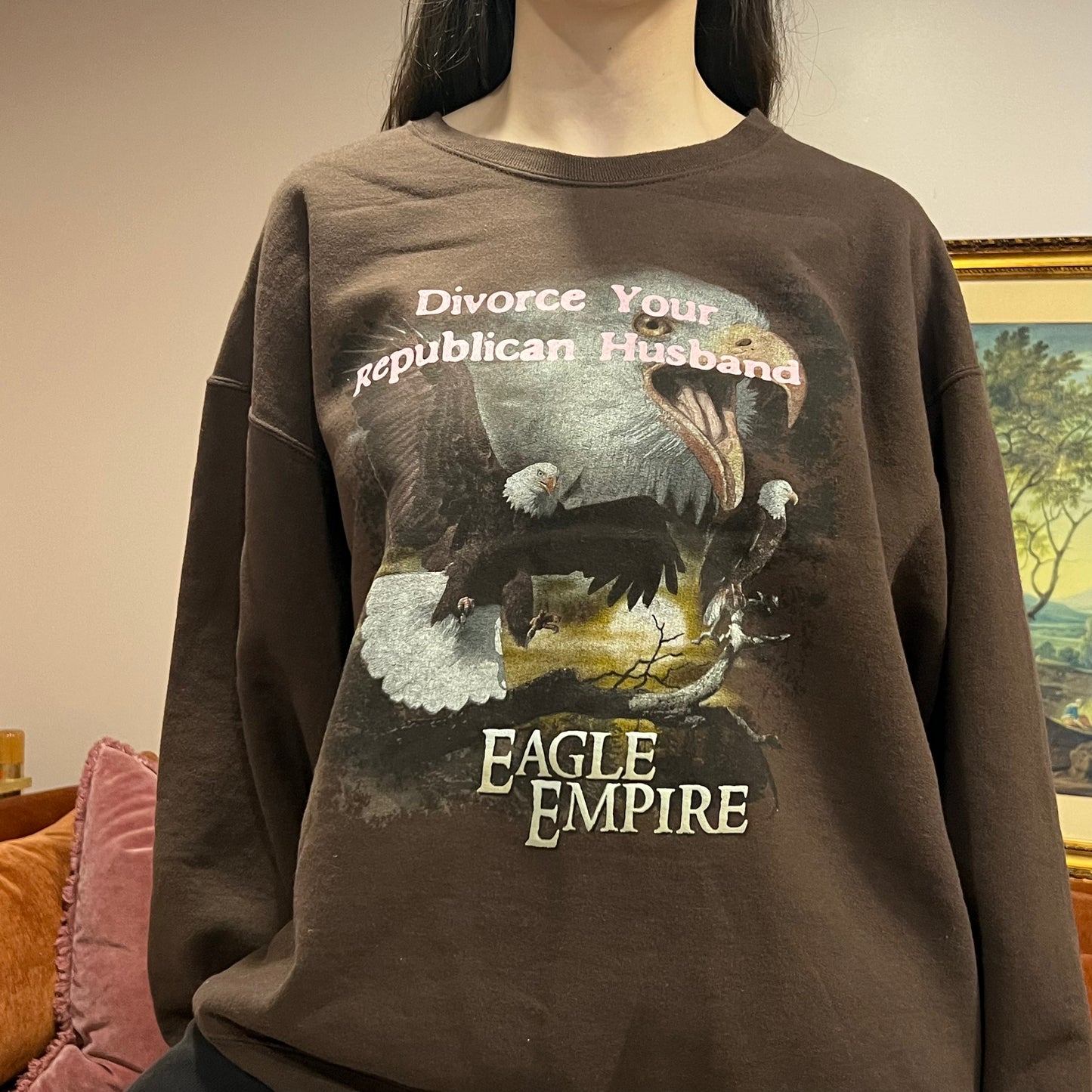 DIVORCE YOUR REPUBLICAN HUSBAND animal crewneck with pink text (XL)
