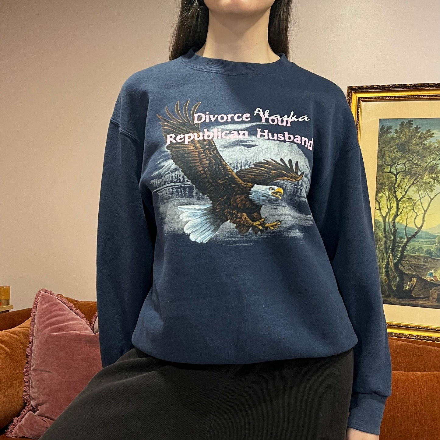 DIVORCE YOUR REPUBLICAN HUSBAND animal crewneck with pink text (L)