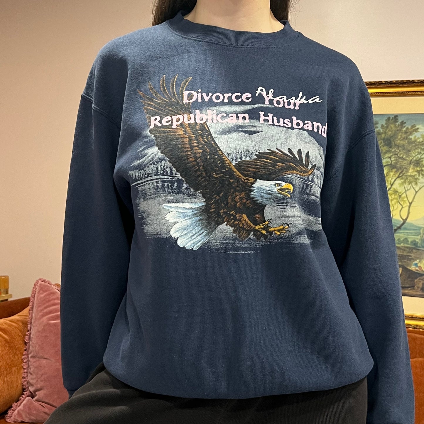 DIVORCE YOUR REPUBLICAN HUSBAND animal crewneck with pink text (L)