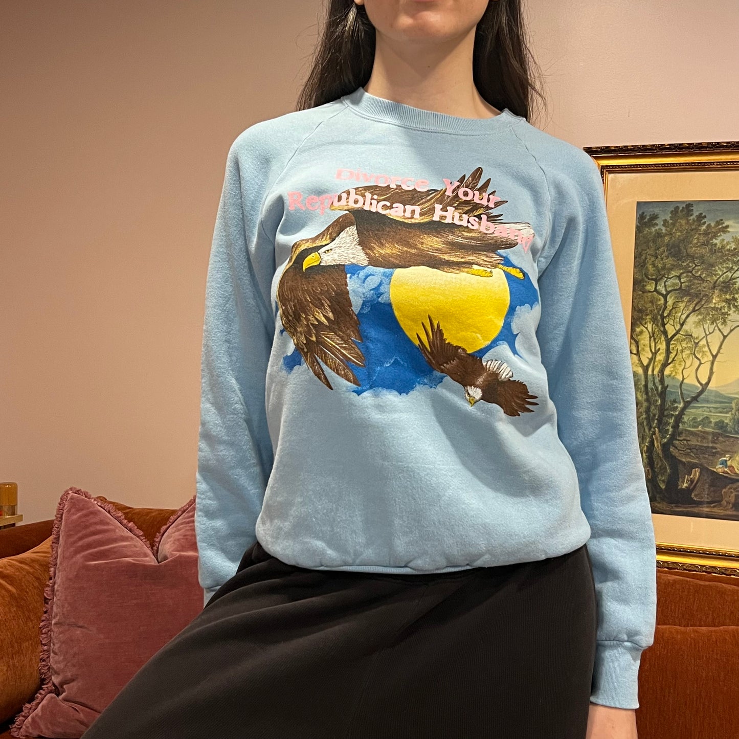 DIVORCE YOUR REPUBLICAN HUSBAND animal crewneck with pink text (M)
