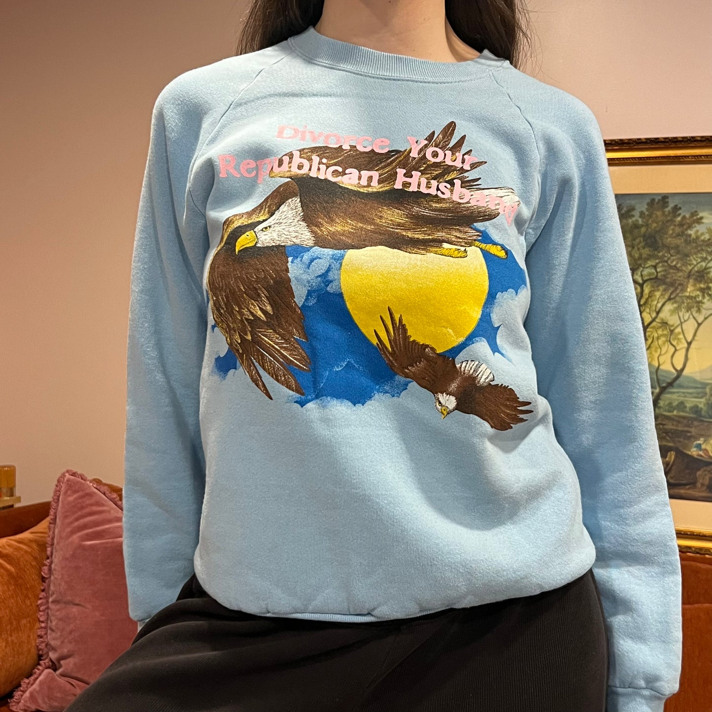 DIVORCE YOUR REPUBLICAN HUSBAND animal crewneck with pink text (M)