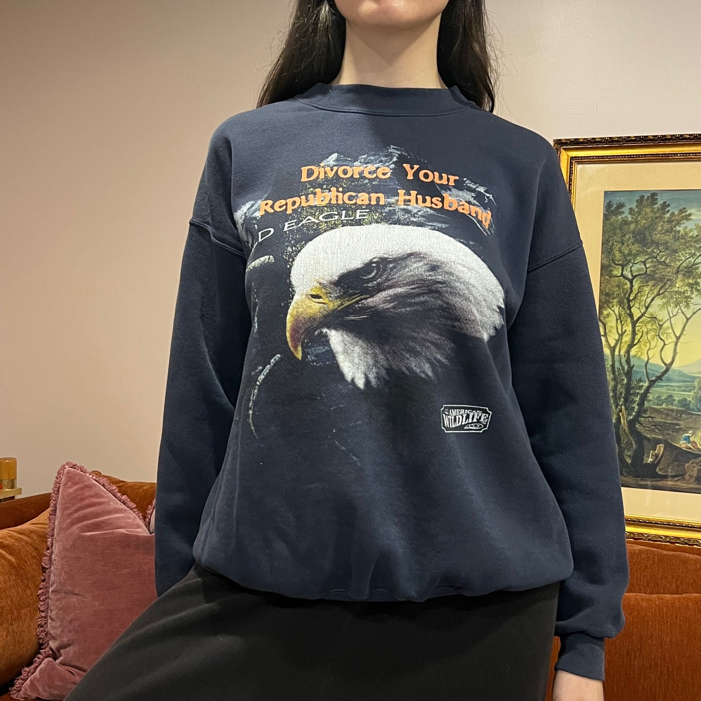 DIVORCE YOUR REPUBLICAN HUSBAND animal crewneck with orange text (XL)