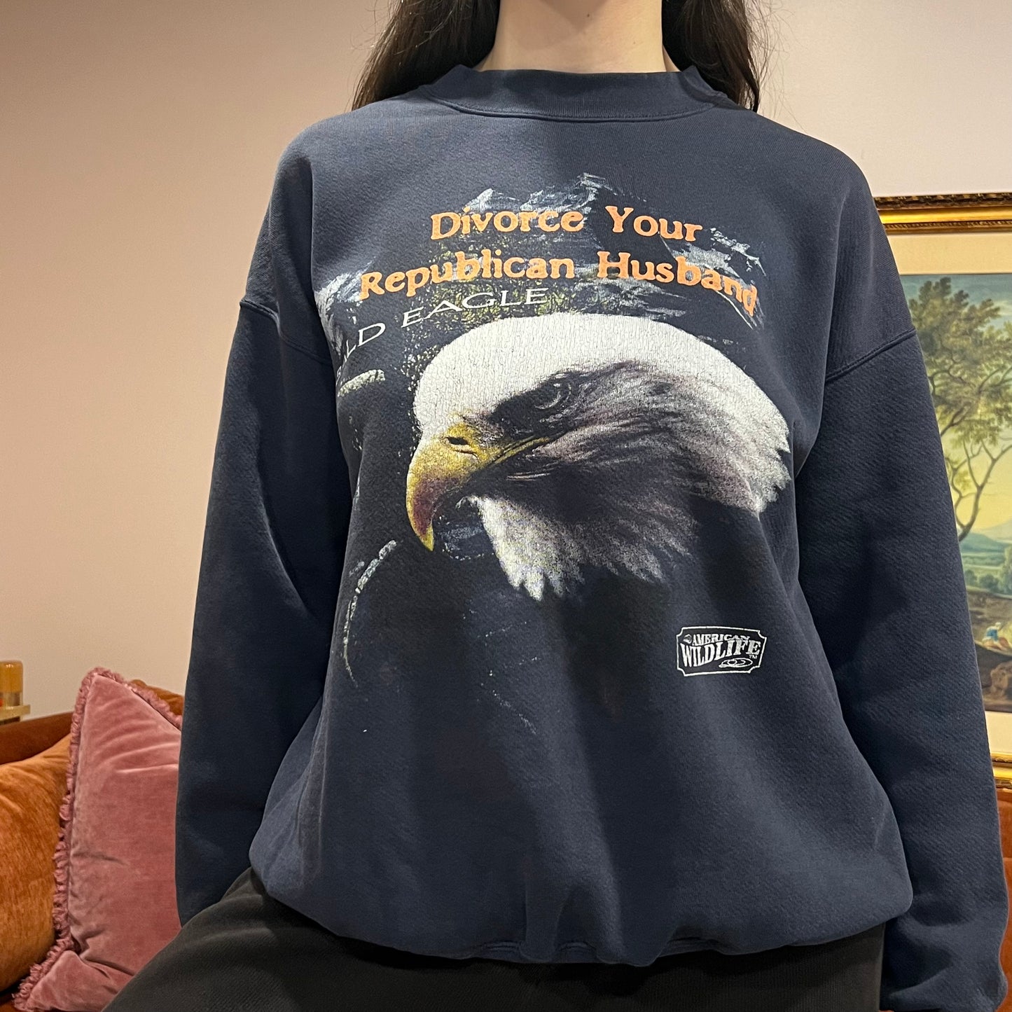 DIVORCE YOUR REPUBLICAN HUSBAND animal crewneck with orange text (XL)
