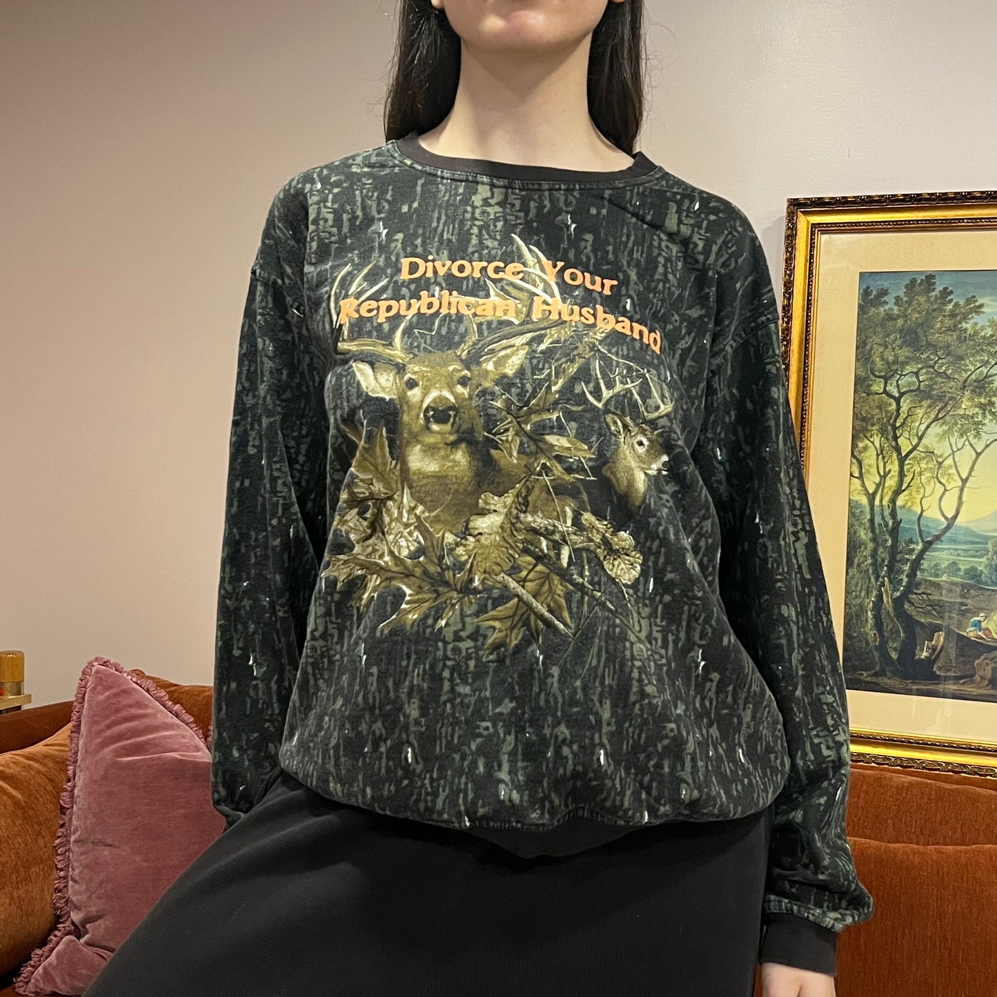 DIVORCE YOUR REPUBLICAN HUSBAND animal crewneck with orange text (L)