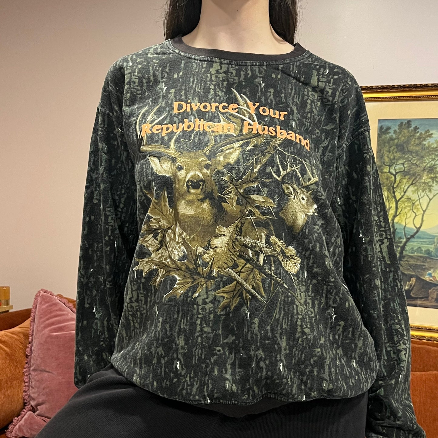 DIVORCE YOUR REPUBLICAN HUSBAND animal crewneck with orange text (L)