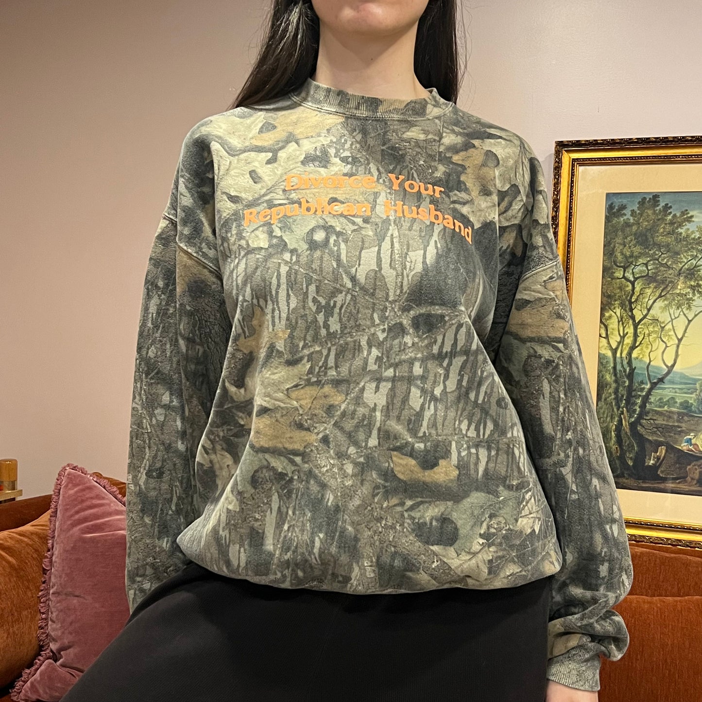 DIVORCE YOUR REPUBLICAN HUSBAND camo crewneck with orange text (XL)