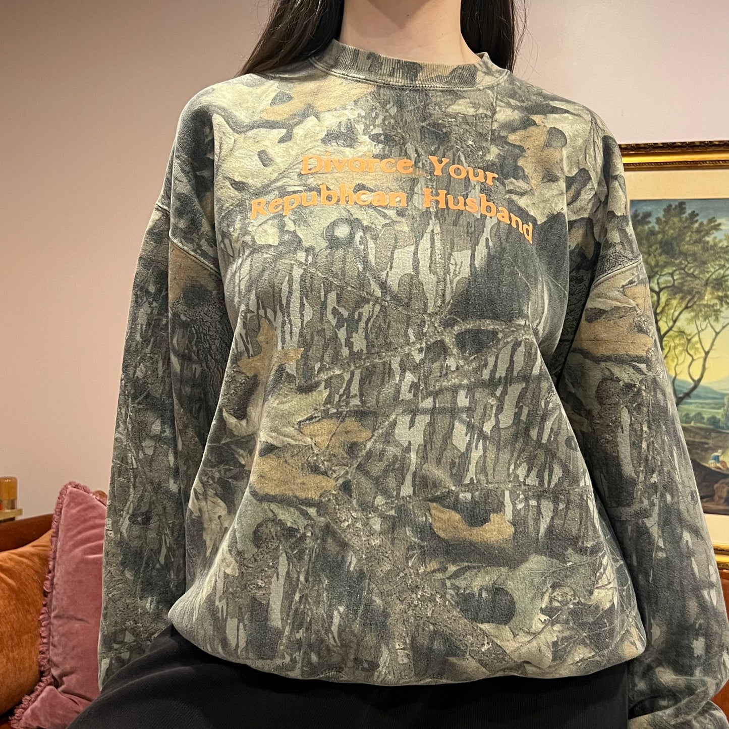 DIVORCE YOUR REPUBLICAN HUSBAND camo crewneck with orange text (XL)