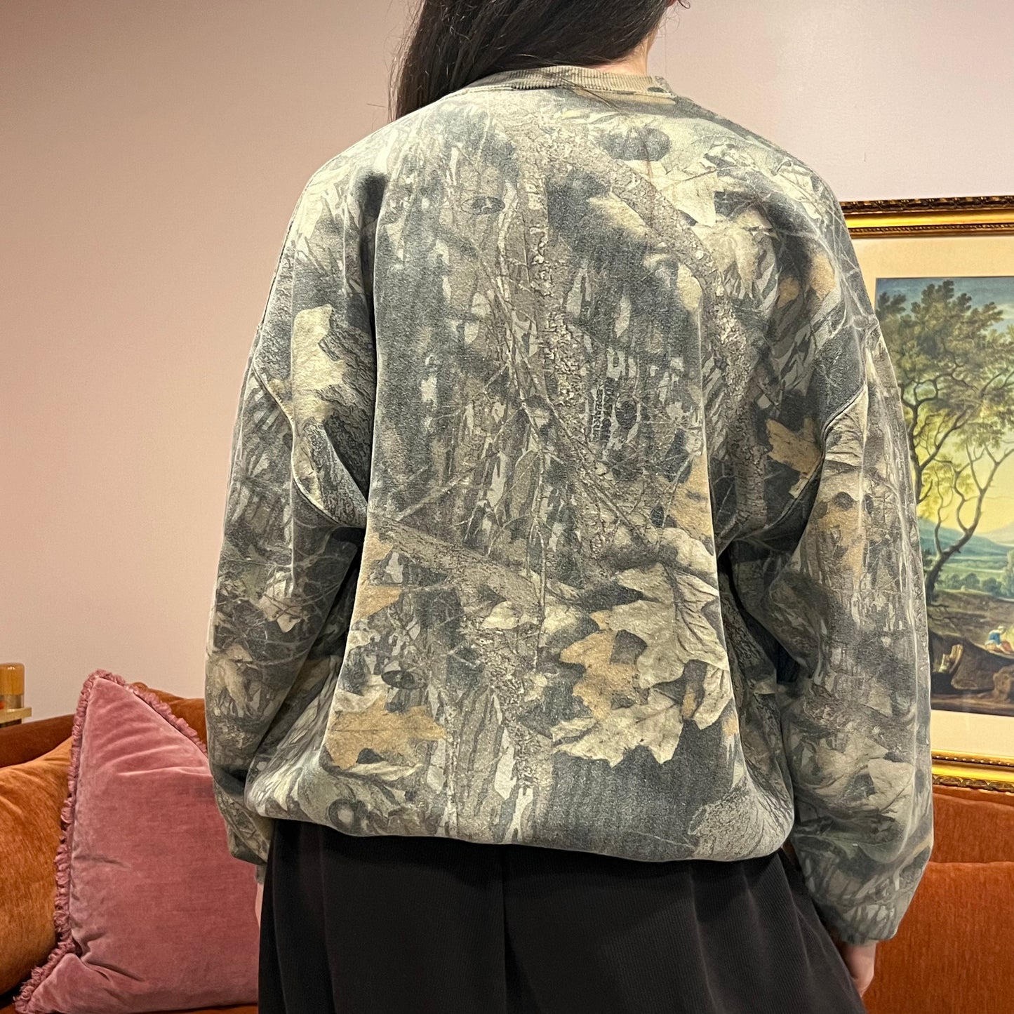 DIVORCE YOUR REPUBLICAN HUSBAND camo crewneck with orange text (XL)