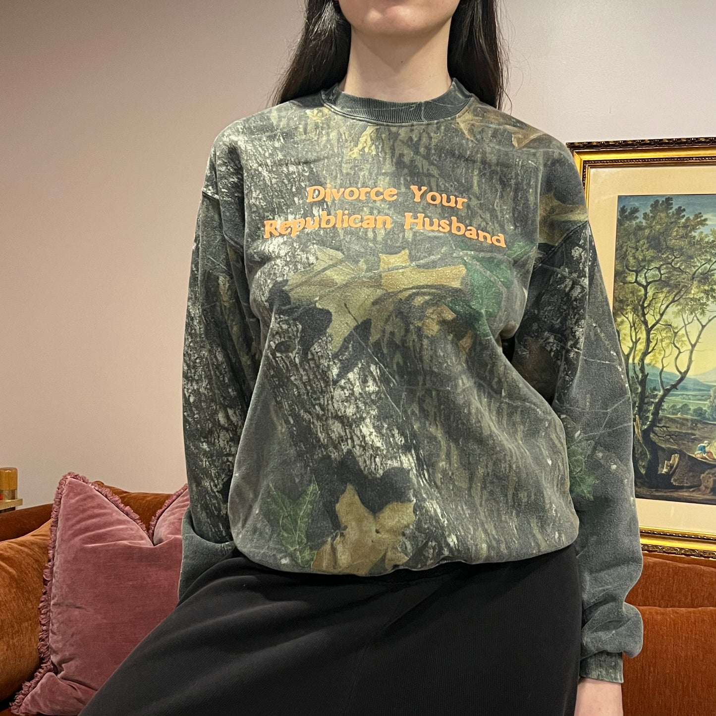 DIVORCE YOUR REPUBLICAN HUSBAND camo crewneck with orange text (M)