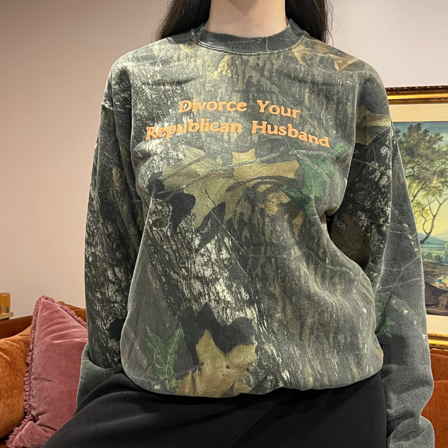 DIVORCE YOUR REPUBLICAN HUSBAND camo crewneck with orange text (M)