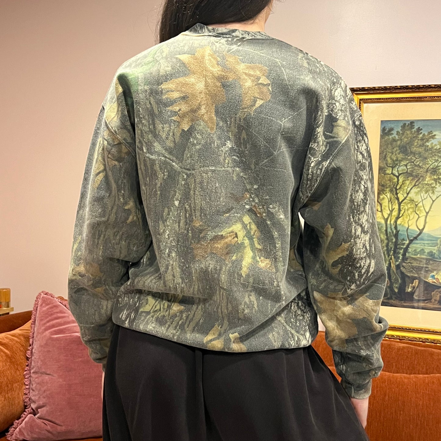DIVORCE YOUR REPUBLICAN HUSBAND camo crewneck with orange text (M)