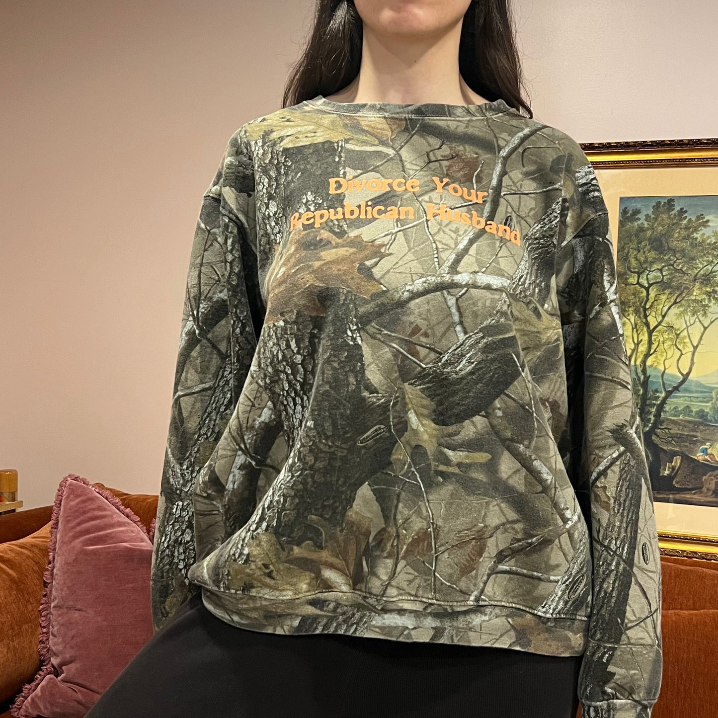 DIVORCE YOUR REPUBLICAN HUSBAND camo crewneck with orange text (XL)
