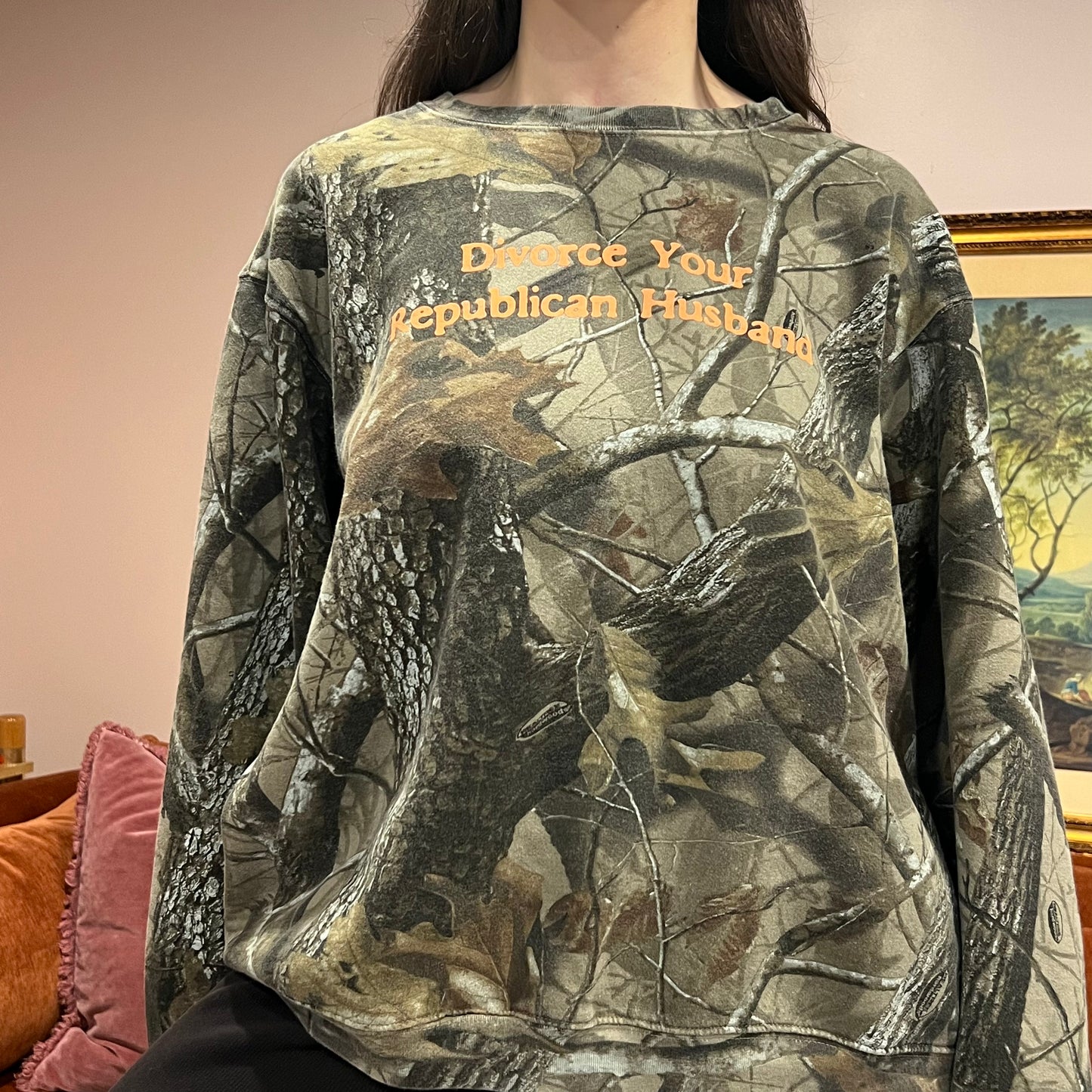DIVORCE YOUR REPUBLICAN HUSBAND camo crewneck with orange text (XL)