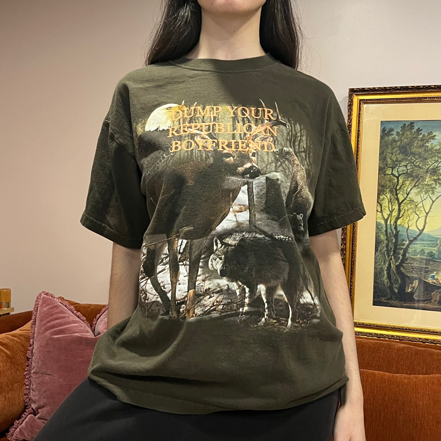 DUMP YOUR REPUBLICAN BOYFRIEND animal t-shirt with orange text (XL)