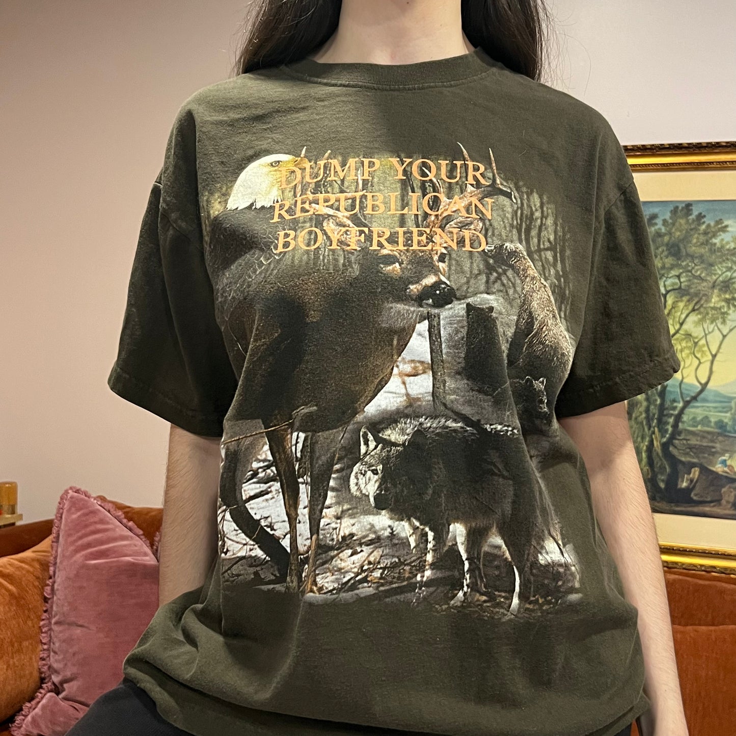 DUMP YOUR REPUBLICAN BOYFRIEND animal t-shirt with orange text (XL)