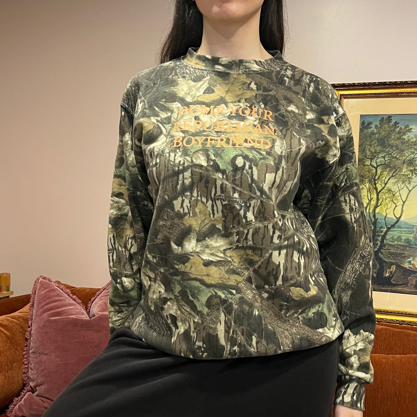 DUMP YOUR REPUBLICAN BOYFRIEND camo crewneck with orange text (M)