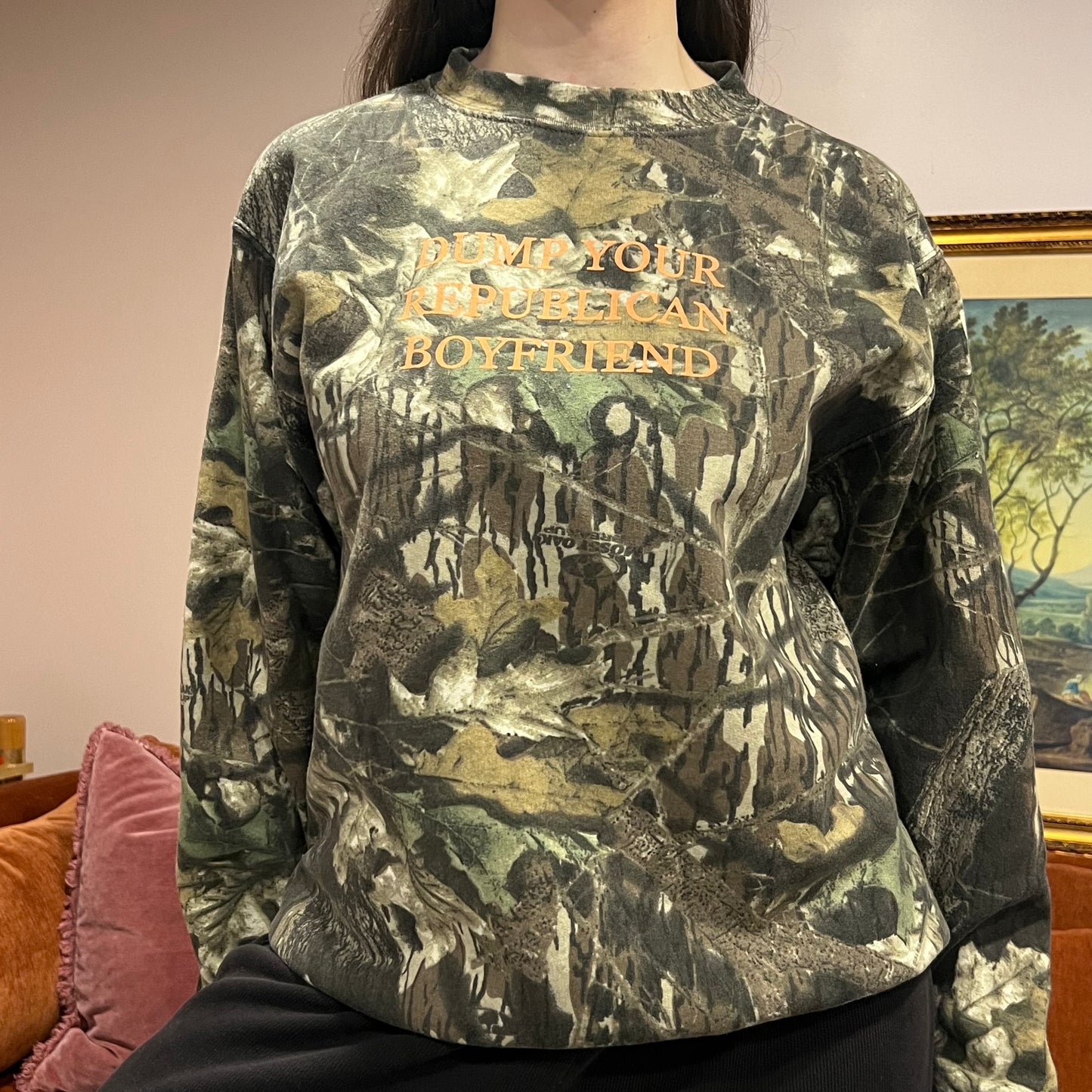 DUMP YOUR REPUBLICAN BOYFRIEND camo crewneck with orange text (M)