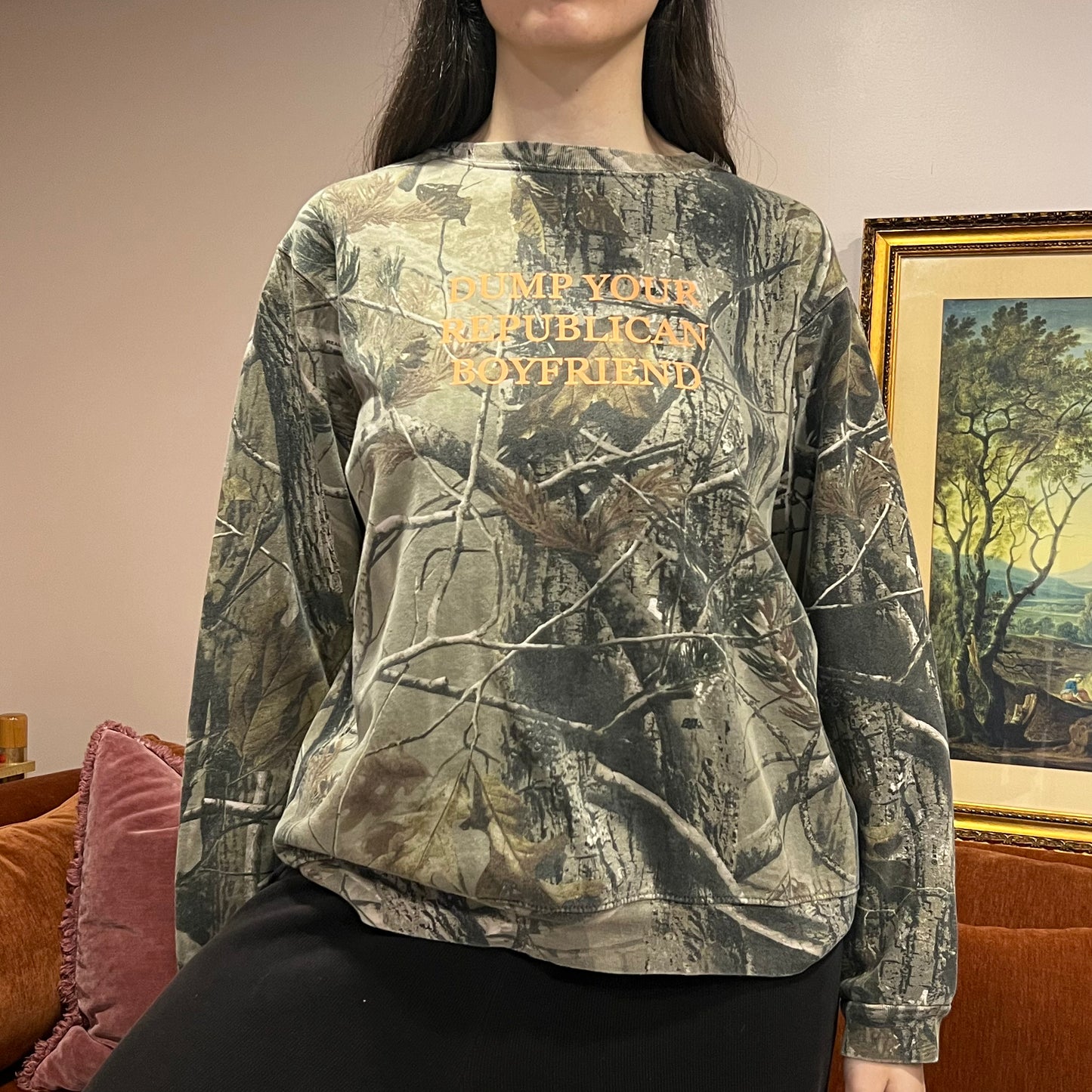 DUMP YOUR REPUBLICAN BOYFRIEND camo crewneck with orange text (L)