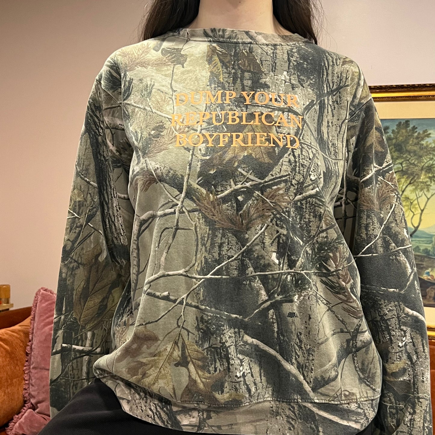 DUMP YOUR REPUBLICAN BOYFRIEND camo crewneck with orange text (L)