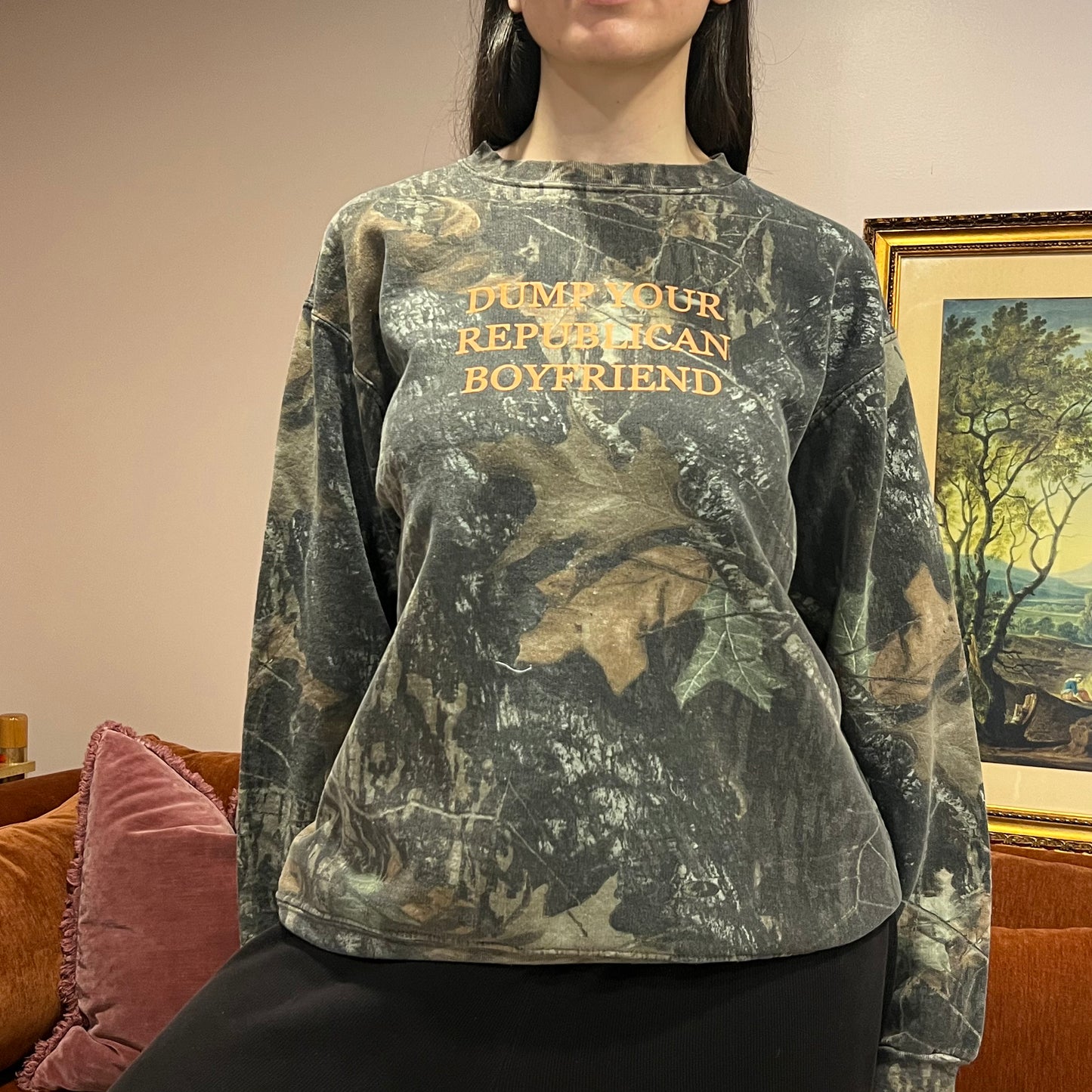 DUMP YOUR REPUBLICAN BOYFRIEND camo crewneck with orange text (L)