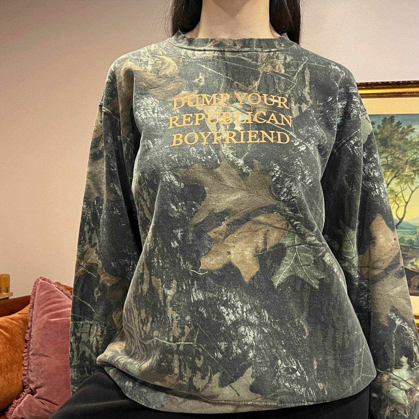 DUMP YOUR REPUBLICAN BOYFRIEND camo crewneck with orange text (L)