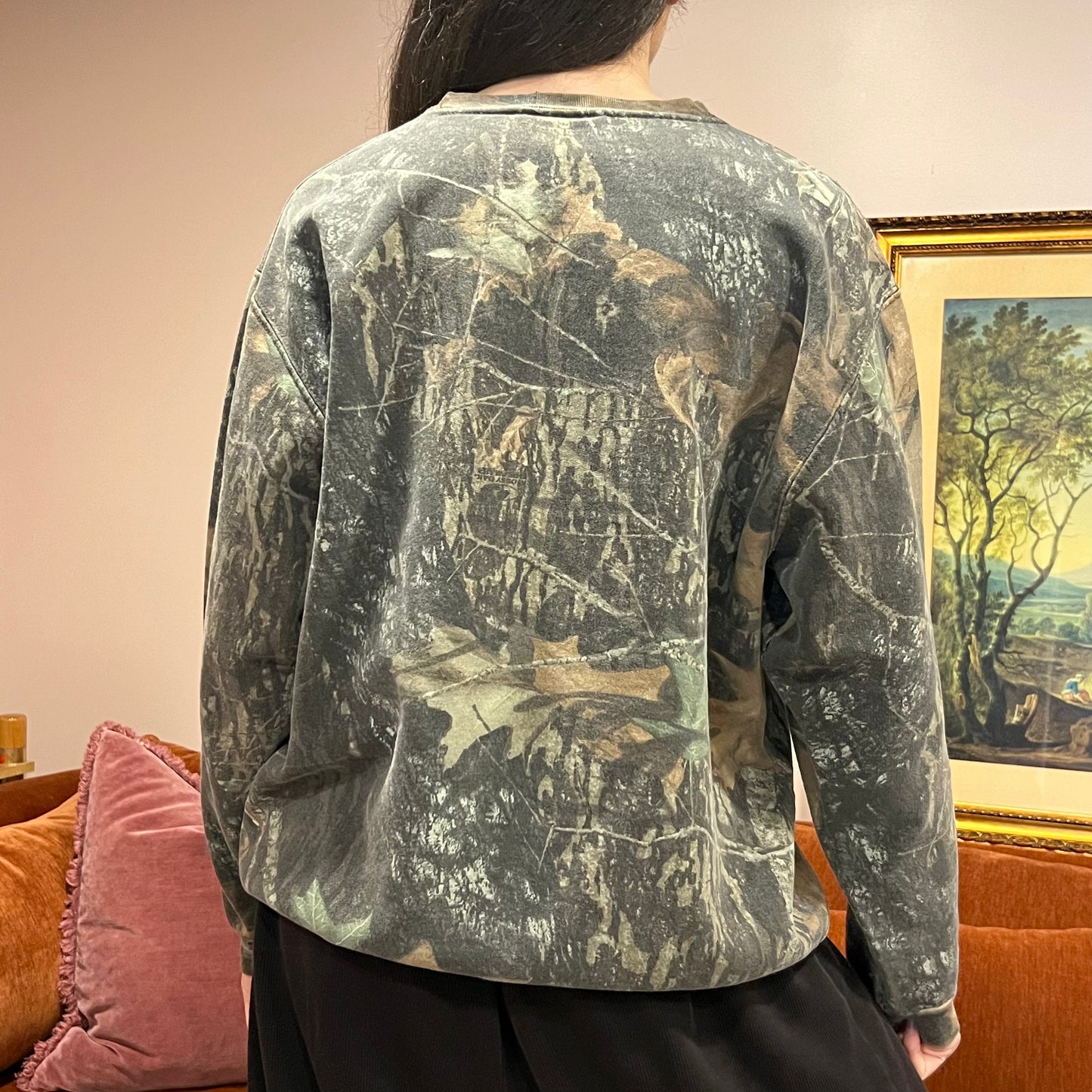 DUMP YOUR REPUBLICAN BOYFRIEND camo crewneck with orange text (L)