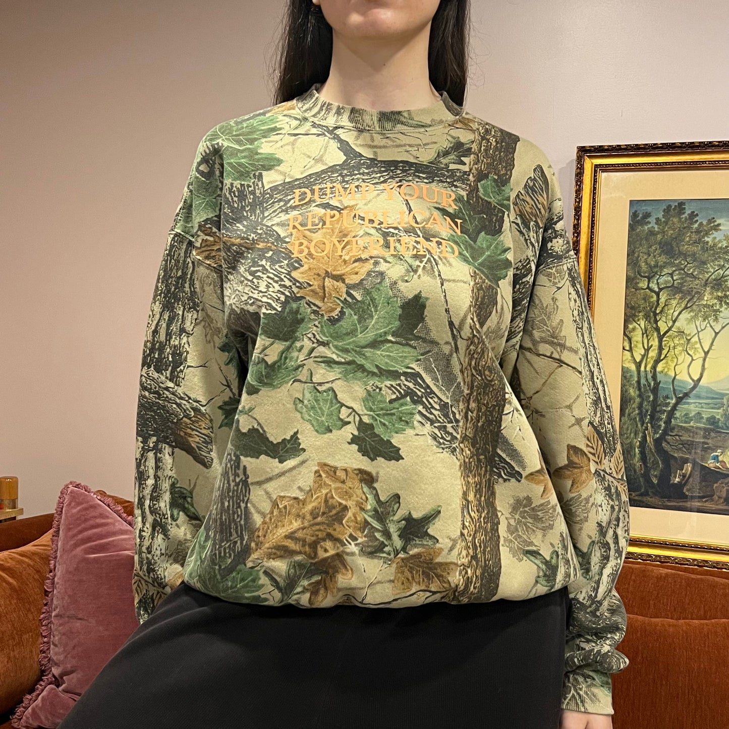 DUMP YOUR REPUBLICAN BOYFRIEND camo crewneck with orange text (XL)