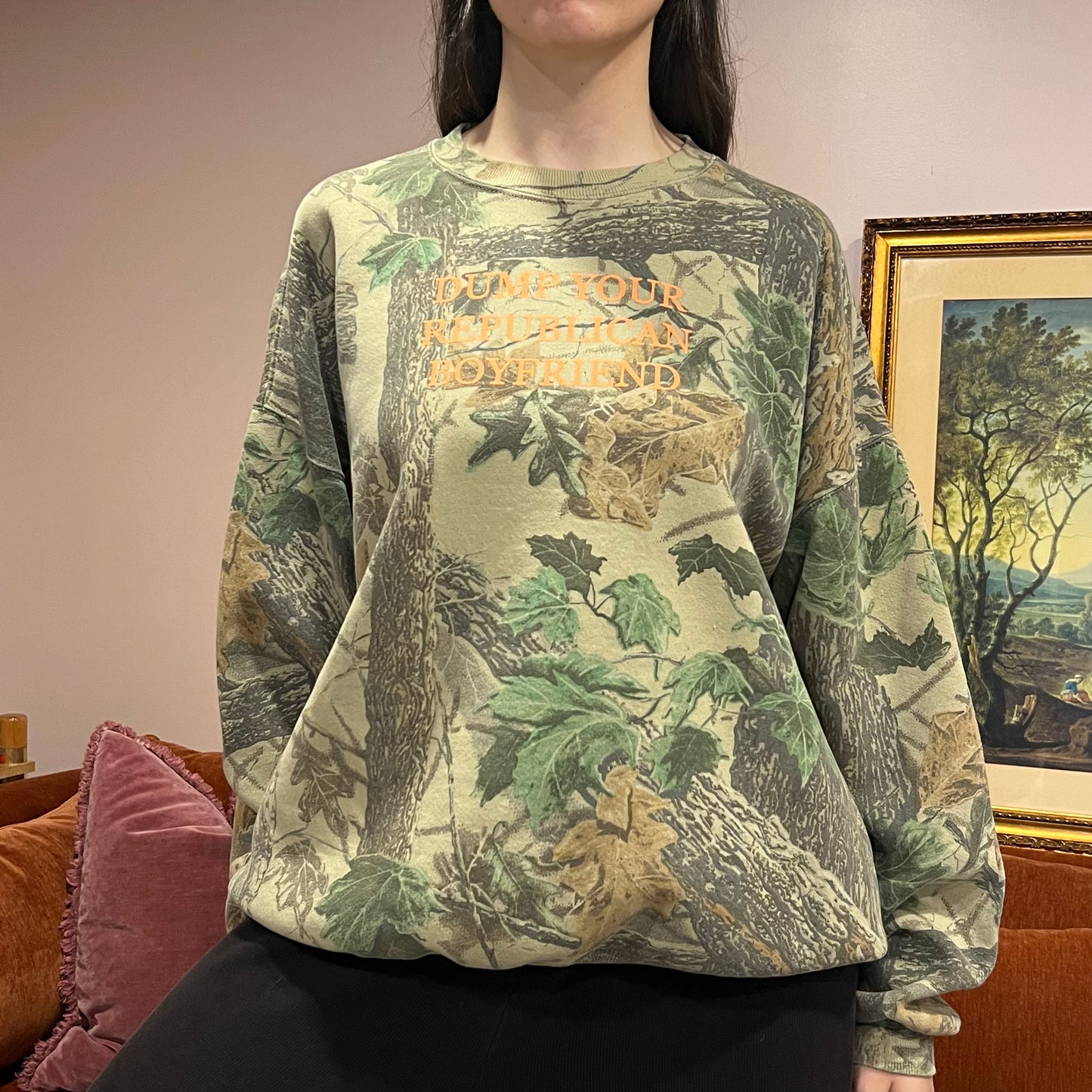 DUMP YOUR REPUBLICAN BOYFRIEND camo crewneck with orange text (3XL)