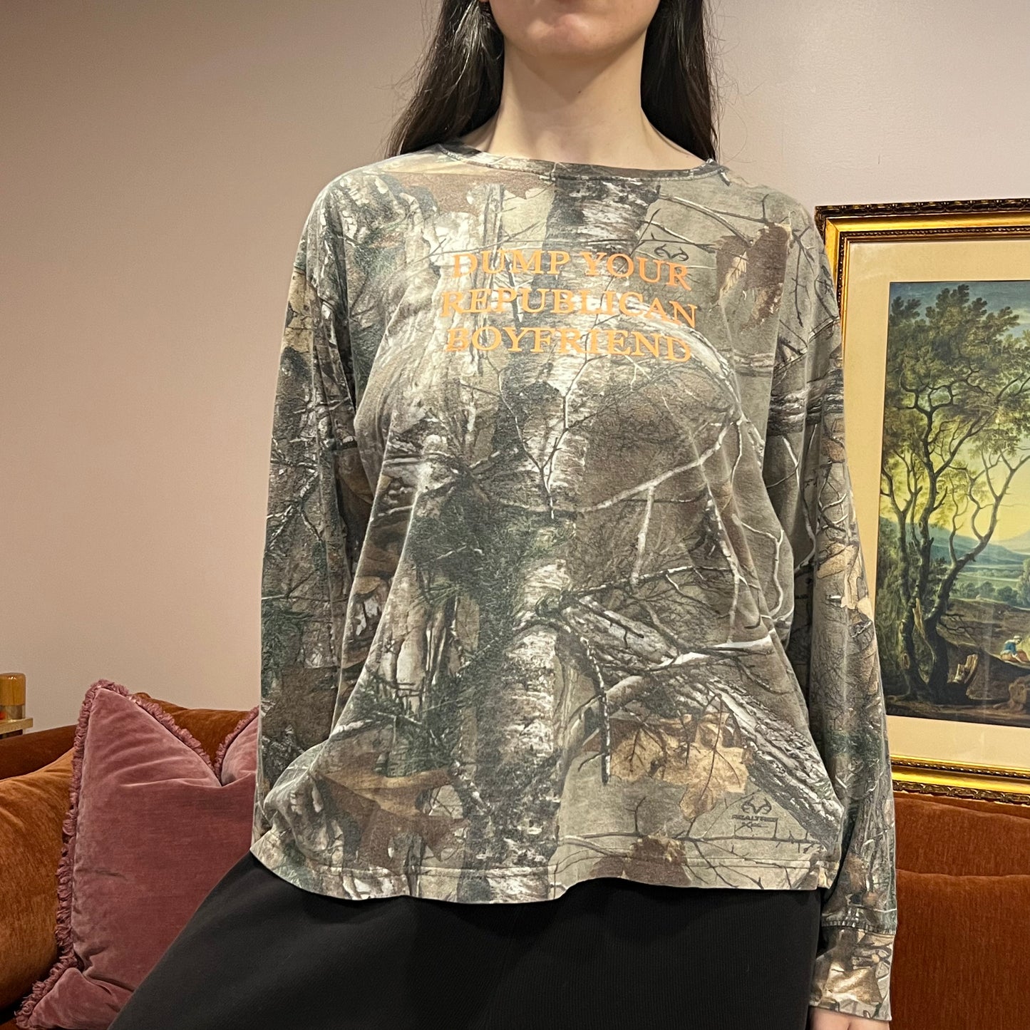 DUMP YOUR REPUBLICAN BOYFRIEND camo long sleeve t-shirt with orange text (XL)